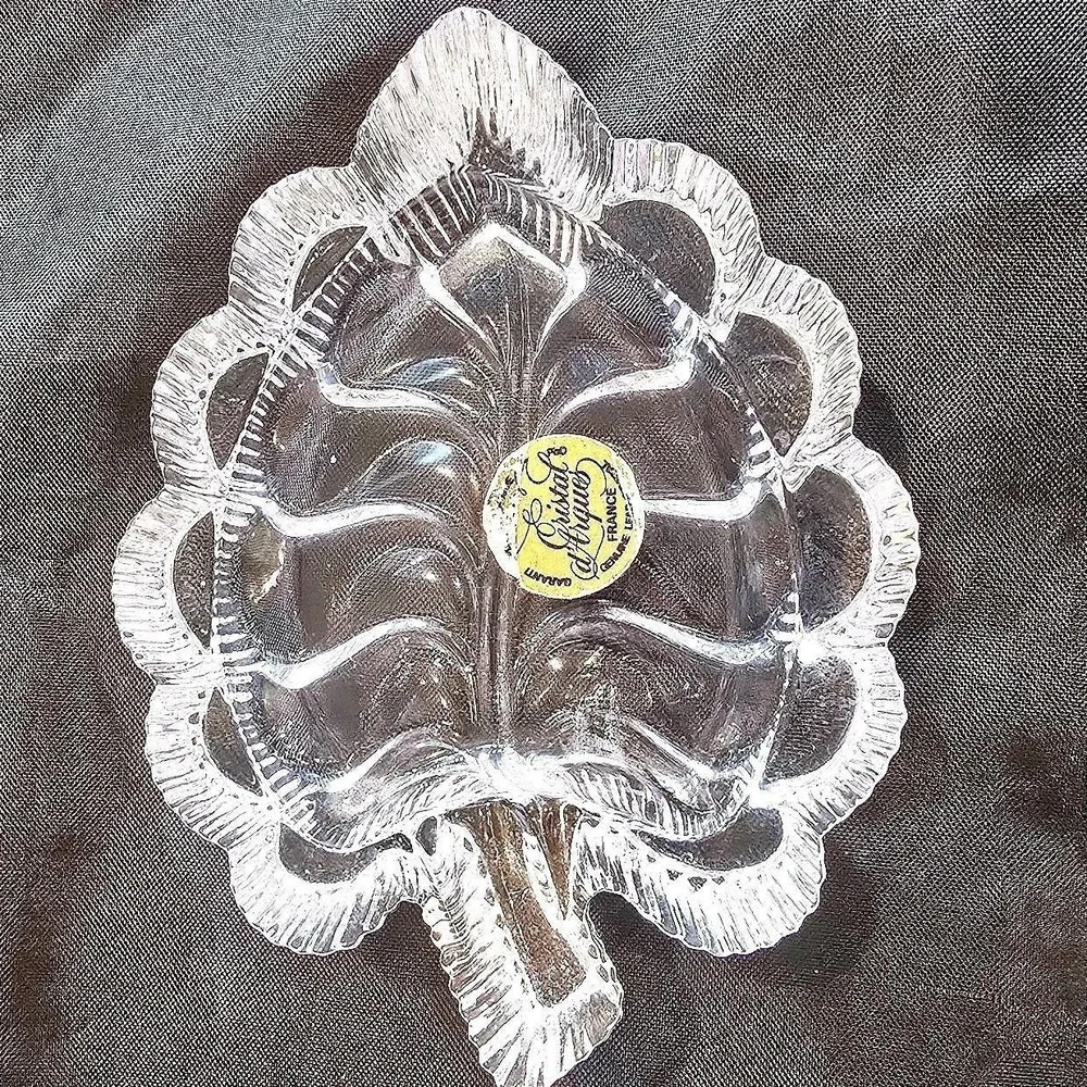 VTG 1990s Cristal d'Arques France Crystal‎ Leaf Dish Fougere Label Trinket Lead
